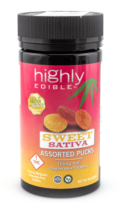Highly Edible Sweet Sativa Assorted Fruit Pucks, 100mg